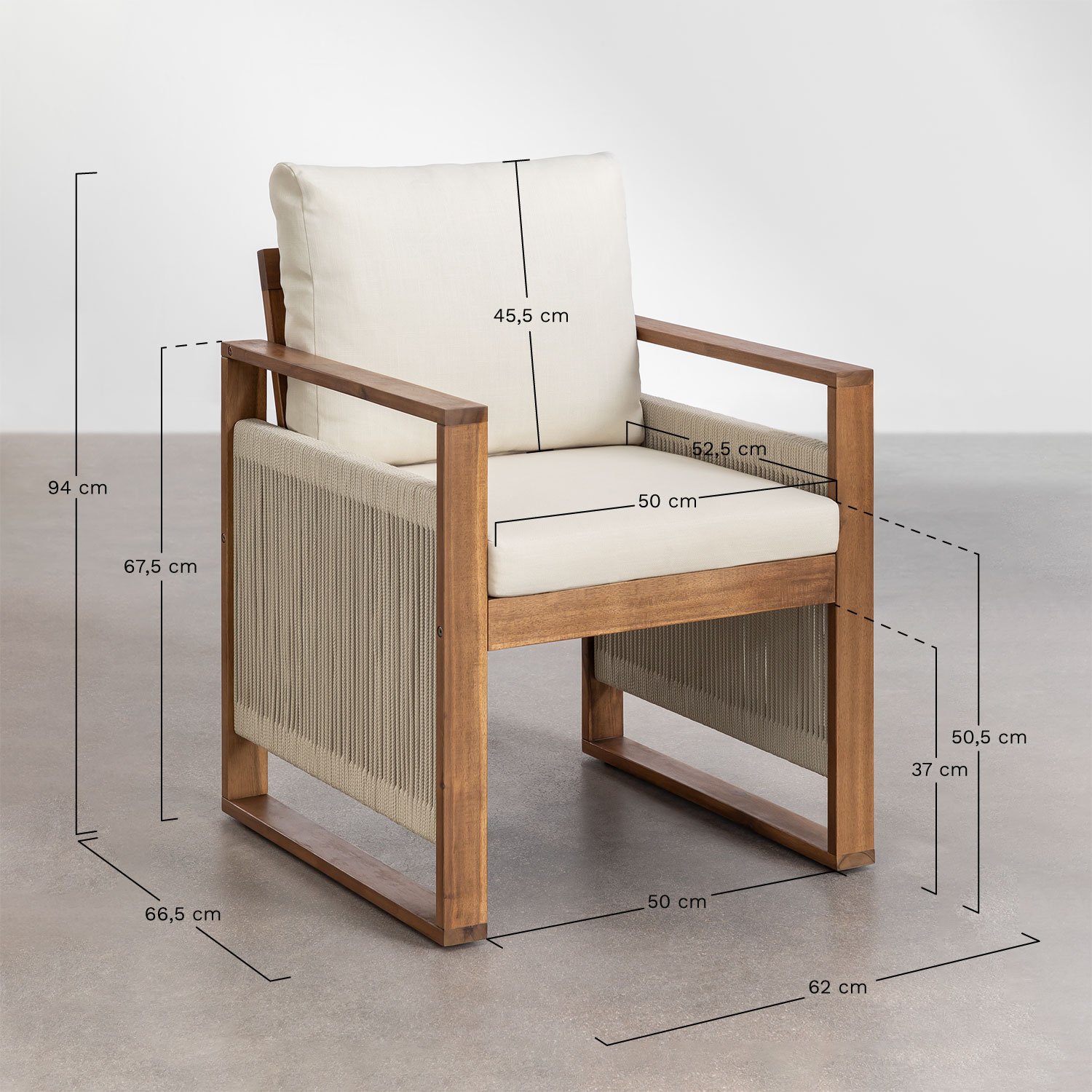 Set Mesa Rectangular  (200x100 cm) y 6 Sillas de Jardín con Reposabrazos en Madera de Acacia Nayely  , medidas