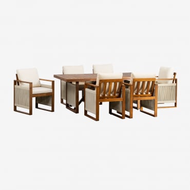 Set Mesa Rectangular 200x100 Cm Y 6 Sillas De Comedor Con Reposabrazos En Madera De Acacia Nayely Marrón Acacia - Sklum