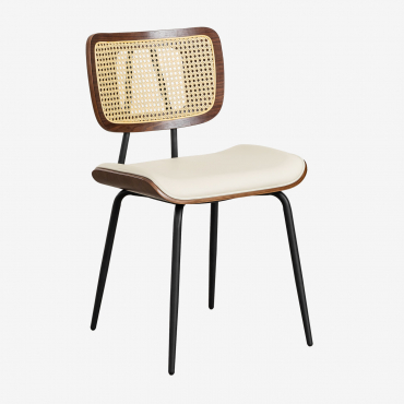 Silla De Comedor En Madera, Ratán Y Polipiel Raysa Madera Oscura & Polipiel Blanco - Sklum