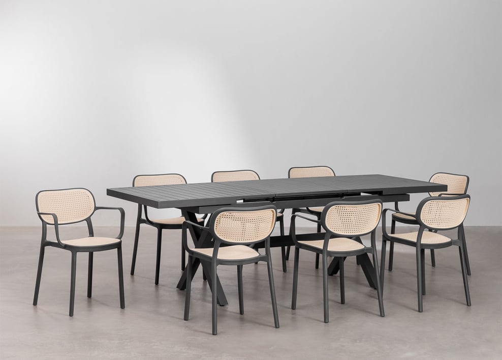 Set de mesa rectangular 180-240x90 cm extensible en aluminio Karena y 8 sillas de jardín con reposabrazos en polipropileno Omara