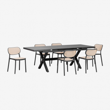 Set De Mesa Rectangular 180-240x90 Cm Extensible En Aluminio Karena Y 6 Sillas De Jardín En Polipropileno Omara Gris Grafito - Sklum