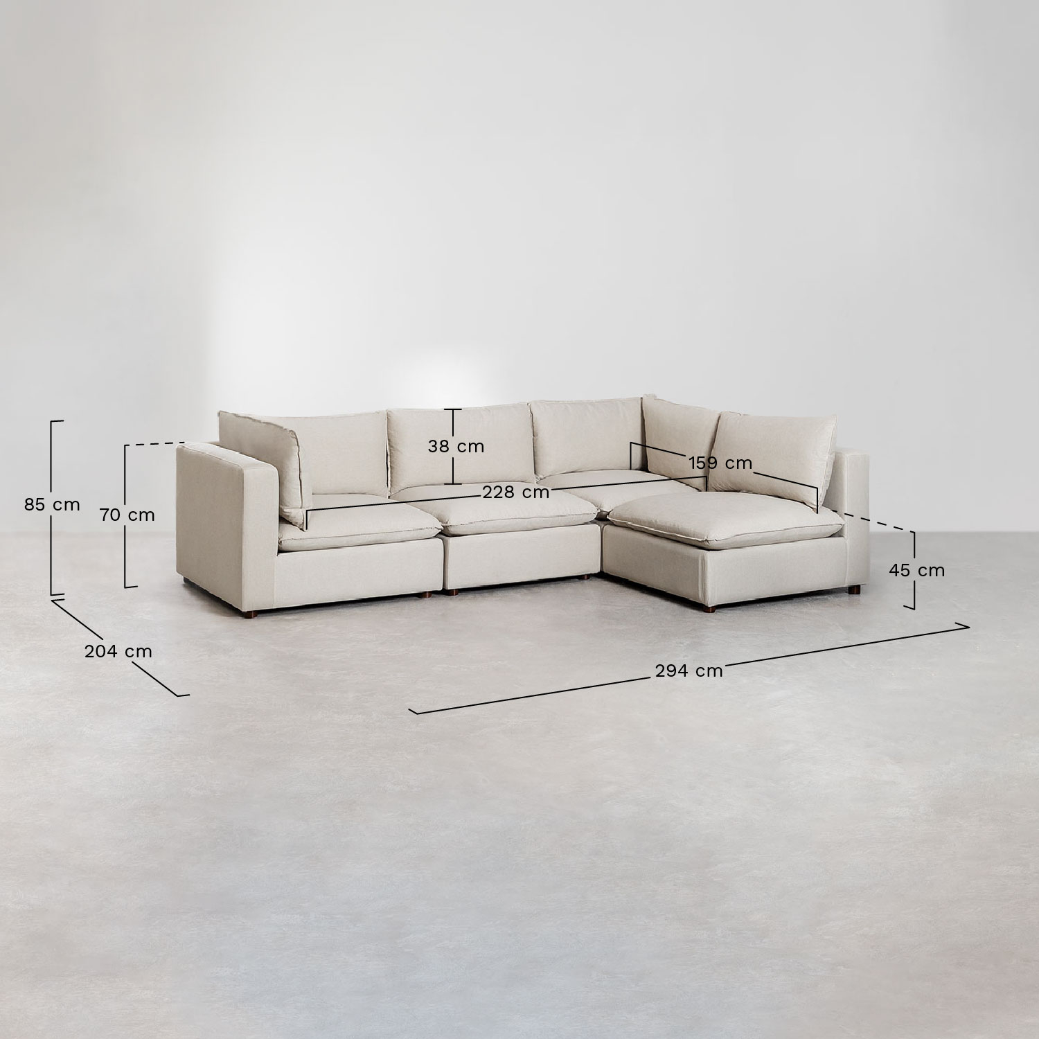 Sofá modular esquinero de 4 piezas Estefan Style, medidas