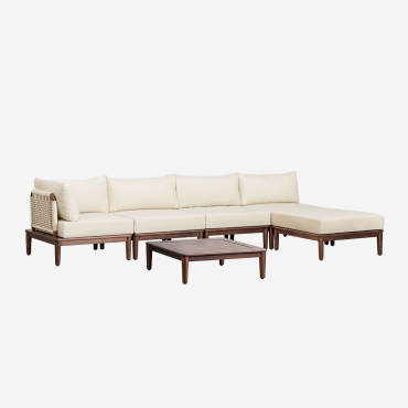 Conjunto De Jardín Con Sofá Modular Esquinero De 4 Piezas,mesa De Centro Y Puff En Madera De Acacia Giulia Beige Crema - Sklum