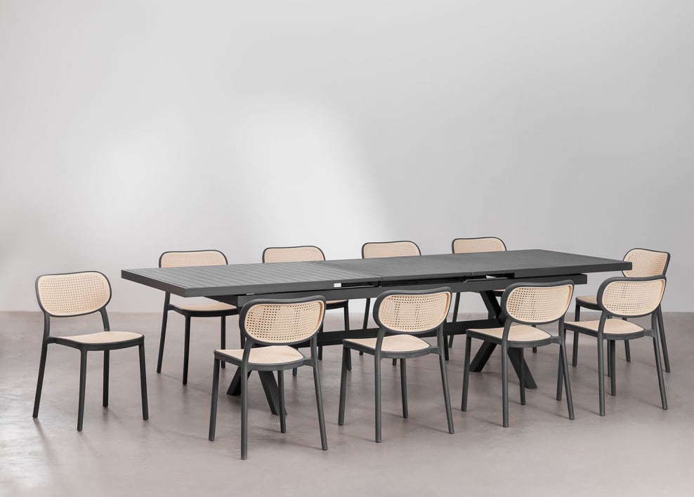 Set de mesa rectangular 240-300x100 cm extensible en aluminio Karena y 10 sillas de jardín en polipropileno Omara