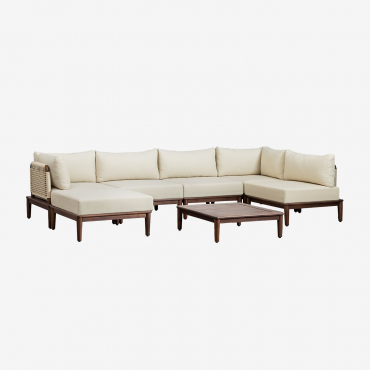Conjunto De Jardín Con Sofá Modular Rinconera De 5 Piezas, Mesa De Centro Y Puff En Madera De Acacia Giulia Beige Crema - Sklum