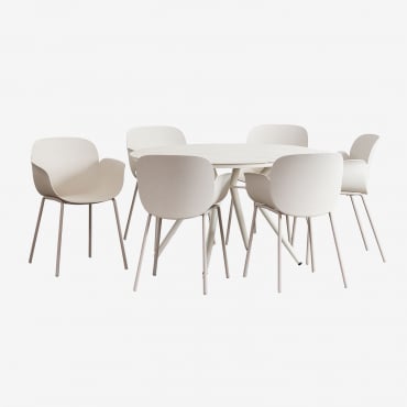 Set De Mesa Redonda En Aluminio (ø125 Cm) Valerie Y 6 Sillas De Jardín Lynette Blanco Piedra - Sklum
