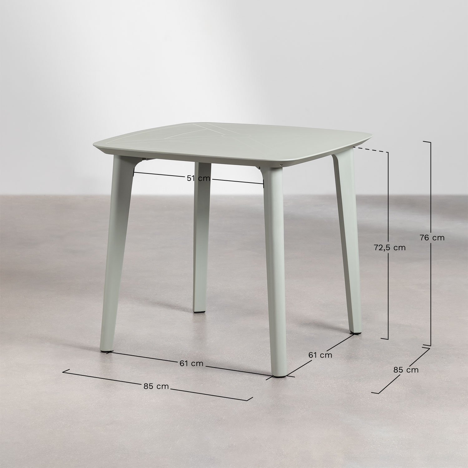 Set de mesa cuadrada 85x85 cm y 4 sillas de jardín en polietileno Scand, medidas