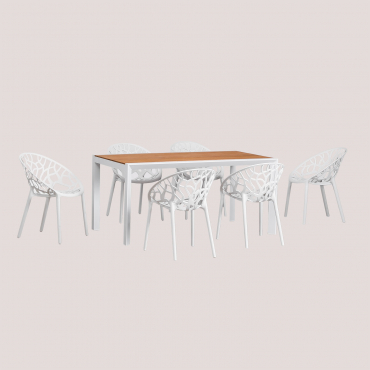 Set De Mesa Rectangular 160x90 Cm En Madera De Eucalipto Y Aluminio Archer Classic Y 6 Sillas De Jardín Apilables Ores Blanco Gardenia - Sklum