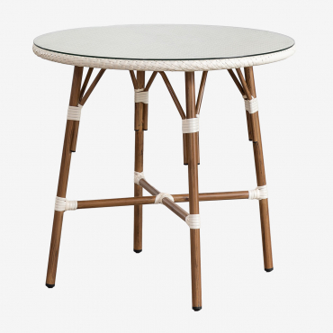 Mesa De Cocina Redonda Ø80 Cm En Aluminio Y Ratán Sintético Brielle Bistro Blanco Gardenia - Sklum
