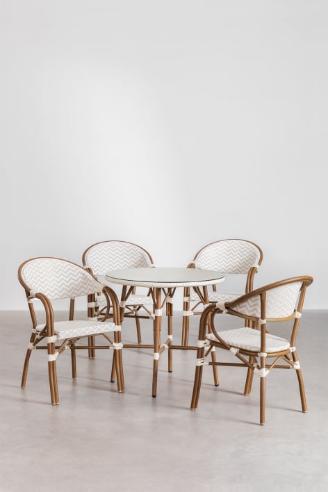 Set de mesa redonda Ø80 cm y 4 sillas de comedor apilables con reposabrazos en aluminio Brielle Bistro - Beige Nude - Blanco Gardenia