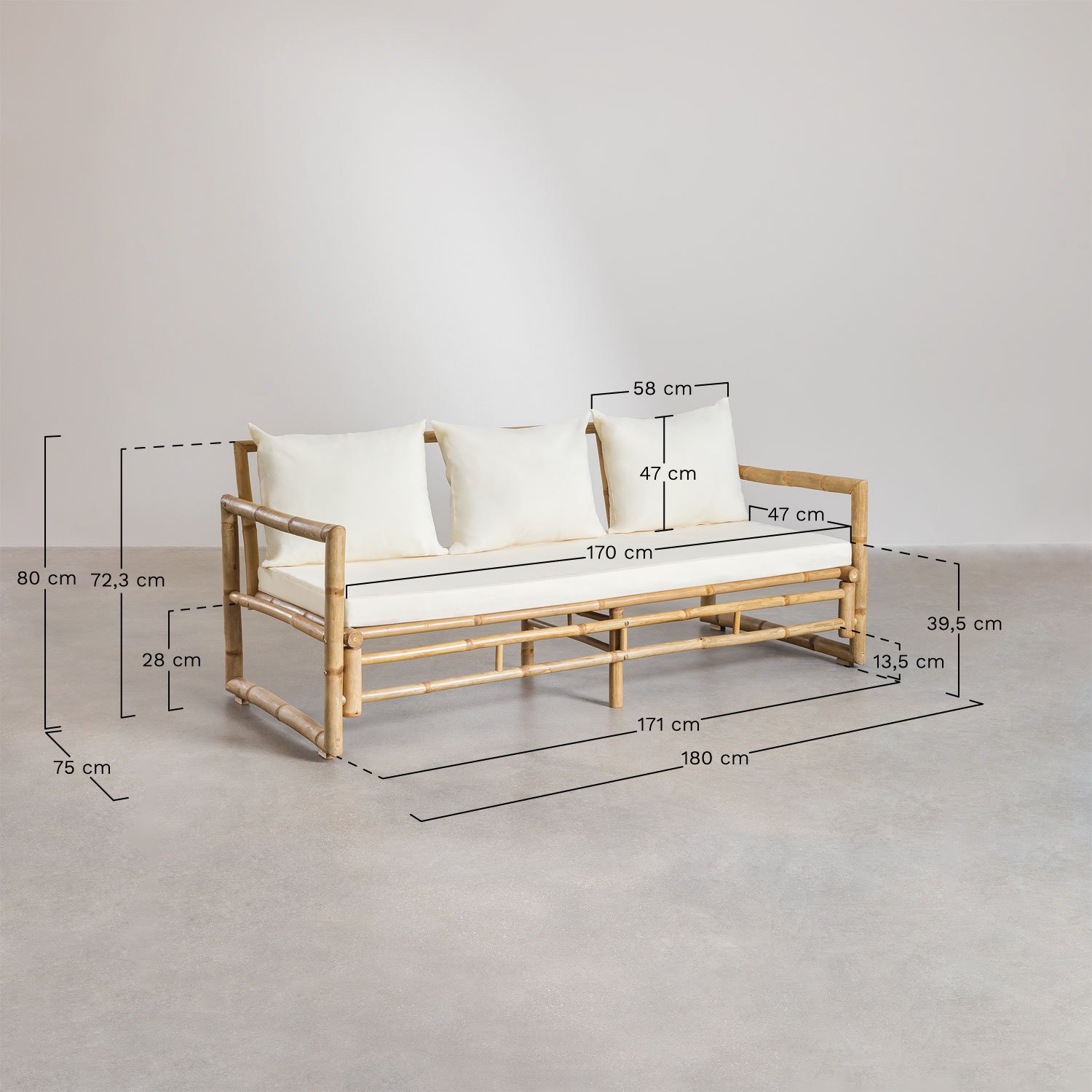 Conjunto de jardín con sofá de 3 plazas y mesa de centro 120x60cm en bambú Livayna , medidas