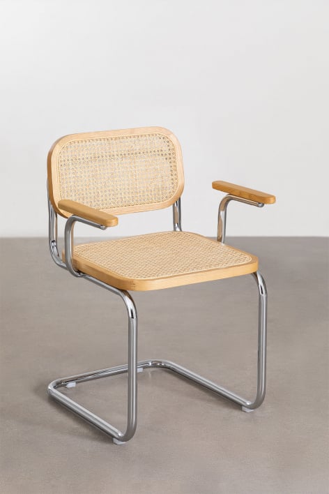 Silla de comedor con reposabrazos en ratán y acero Tento