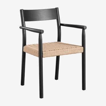 Pack De 4 Sillas De Comedor Con Reposabrazos En Madera De Roble Y Cuerda Trenzada Mara Negro - Sklum