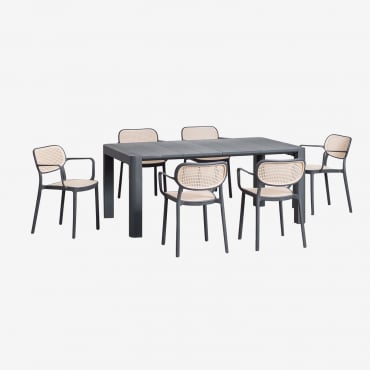 Set De Mesa Rectangular 180x100 Cm Arnadine Y 6 Sillas De Comedor Apilables Con Reposabrazos En Polipropileno Omara Gris Grafito - Sklum