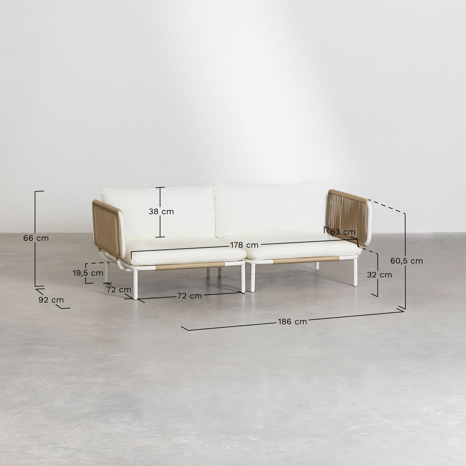 Sofá modular de jardín de 2 piezas con 2 sillones esquineros y puff Roubly, medidas