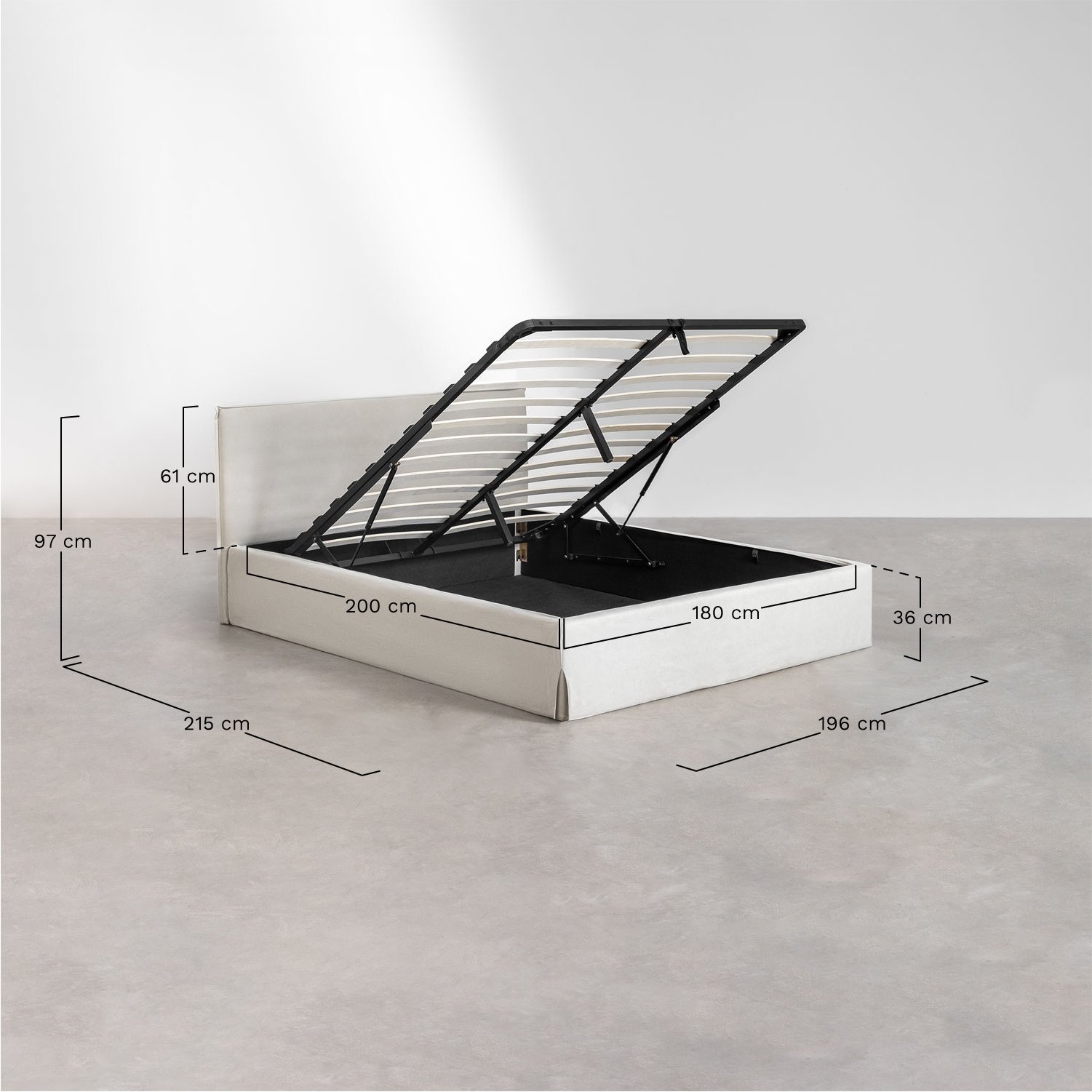 Cama con canapé abatible en tela Lorea, medidas