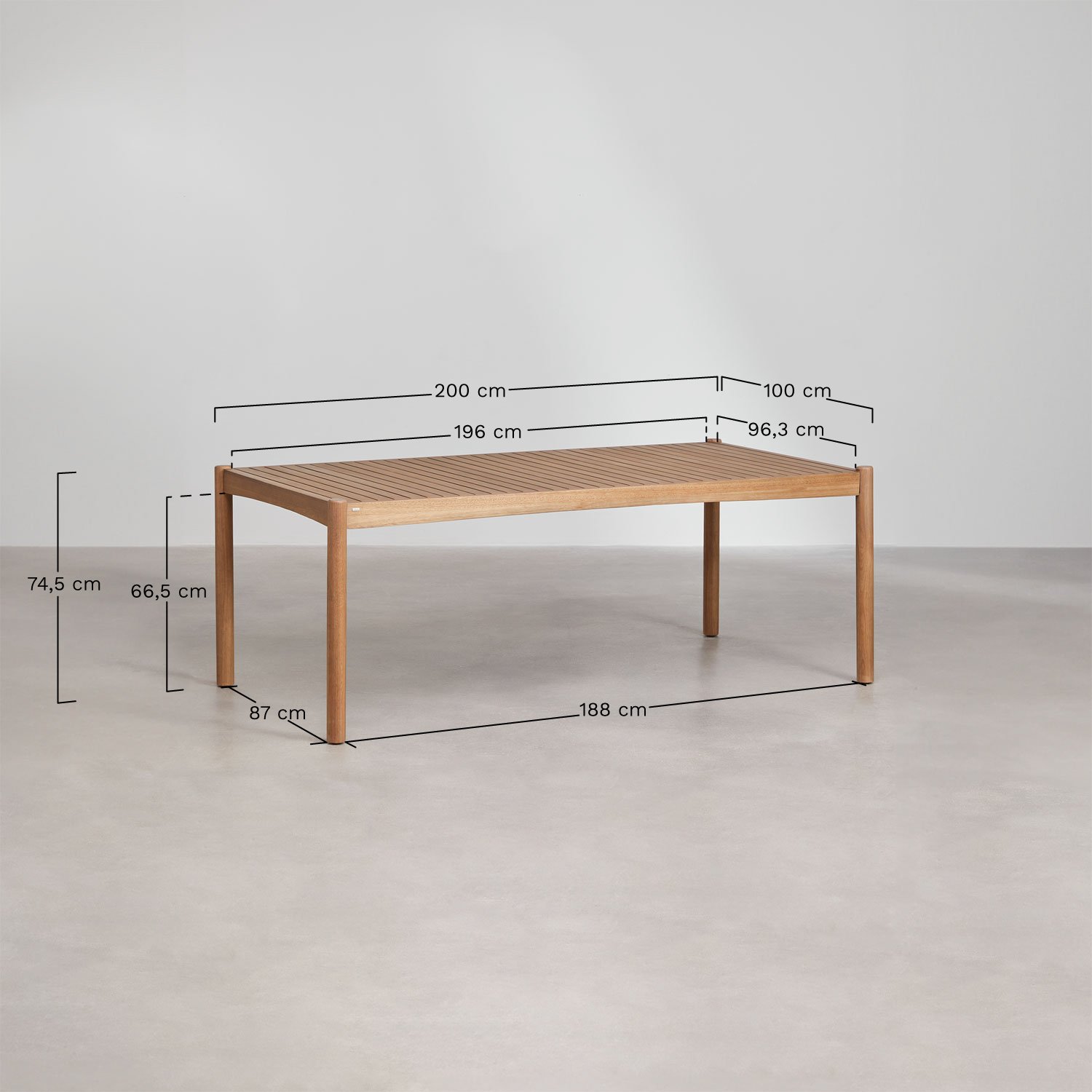 Set de mesa rectangular (200x100 cm) y 2 bancos de comedor en madera de eucalipto Aderyn, medidas