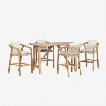 Set De Mesa Alta Rectangular 160x90 Cm Y 4 Taburetes Altos En Madera De Acacia Dubai Marrón Acacia Rústico & Tela Blanco Gardenia - Sklum