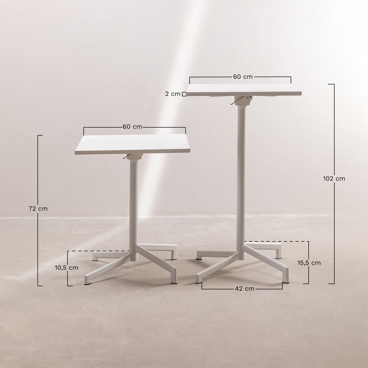 Mesa de bar cuadrada 60x60 cm plegable y convertible en 2 alturas en acero Dely, medidas