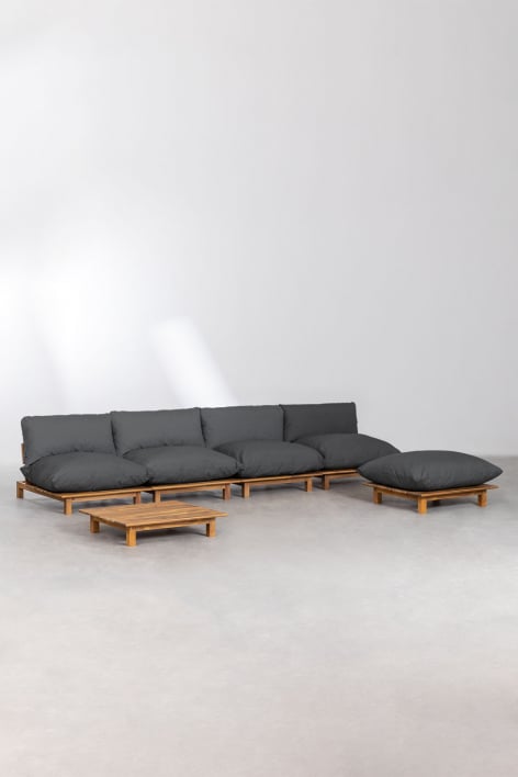 Conjunto de salón de sofá modular reclinable de 4 piezas, mesa de centro y puff en madera de acacia Brina - Gris Grafito