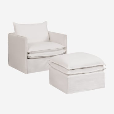 Conjunto De Salón Con Sillón Y Puff En Lino Y Algodón Grace Tela Blanco Roto - Sklum