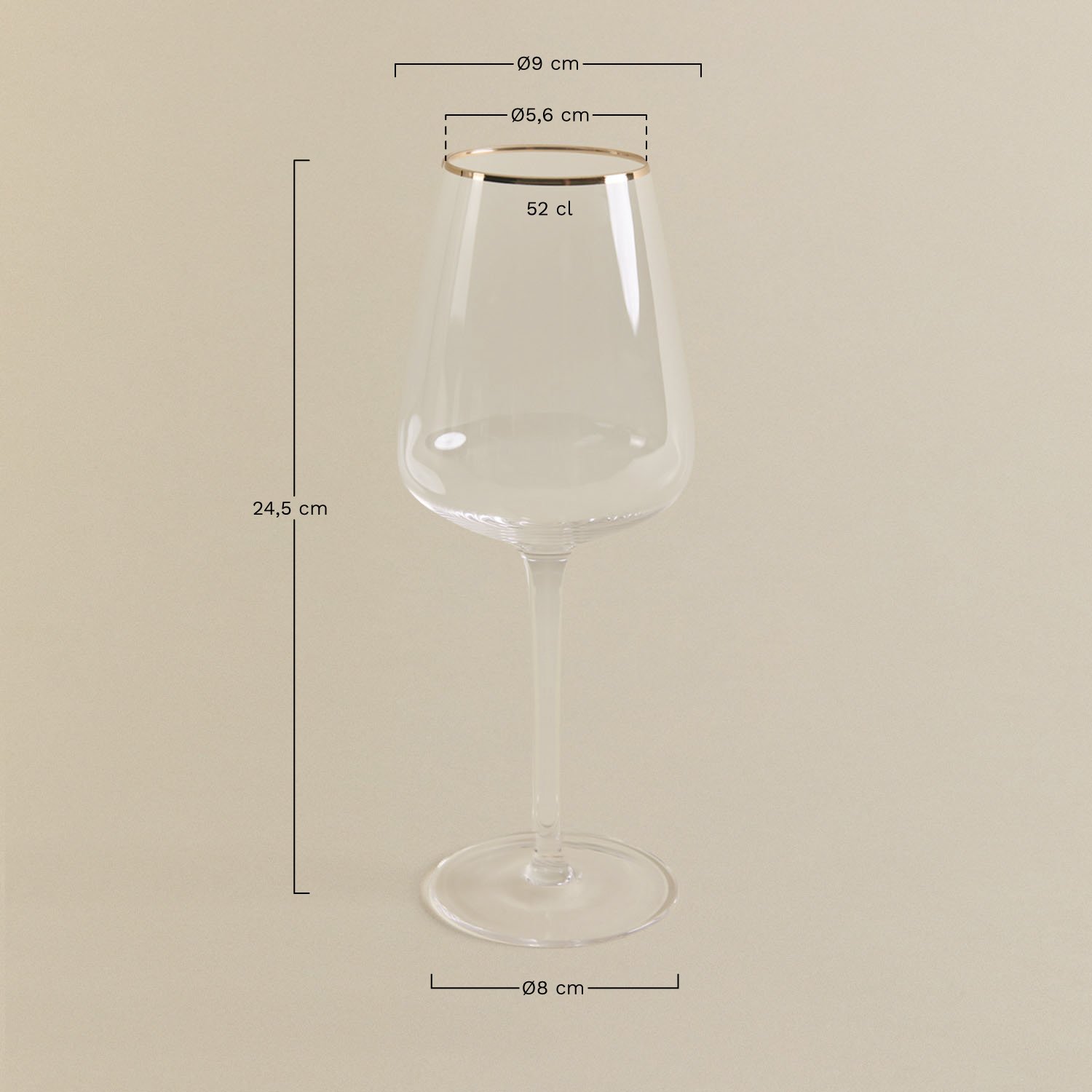 Pack de 4 copas de vino blanco en vidrio 52 cl Olaya, medidas