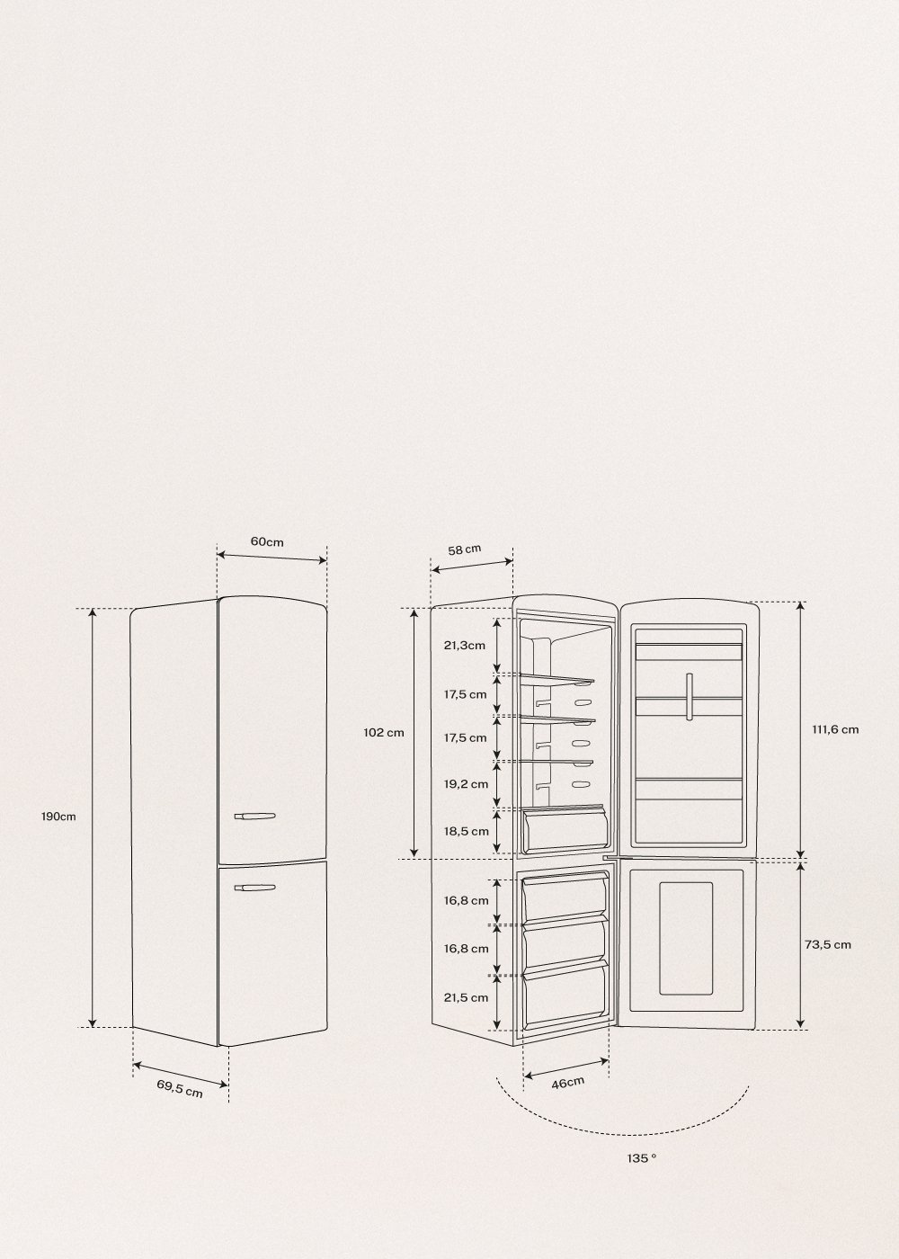 CREATE - FRIDGE STYLANCE 330L - Frigorífico combi de estilo Retro, medidas