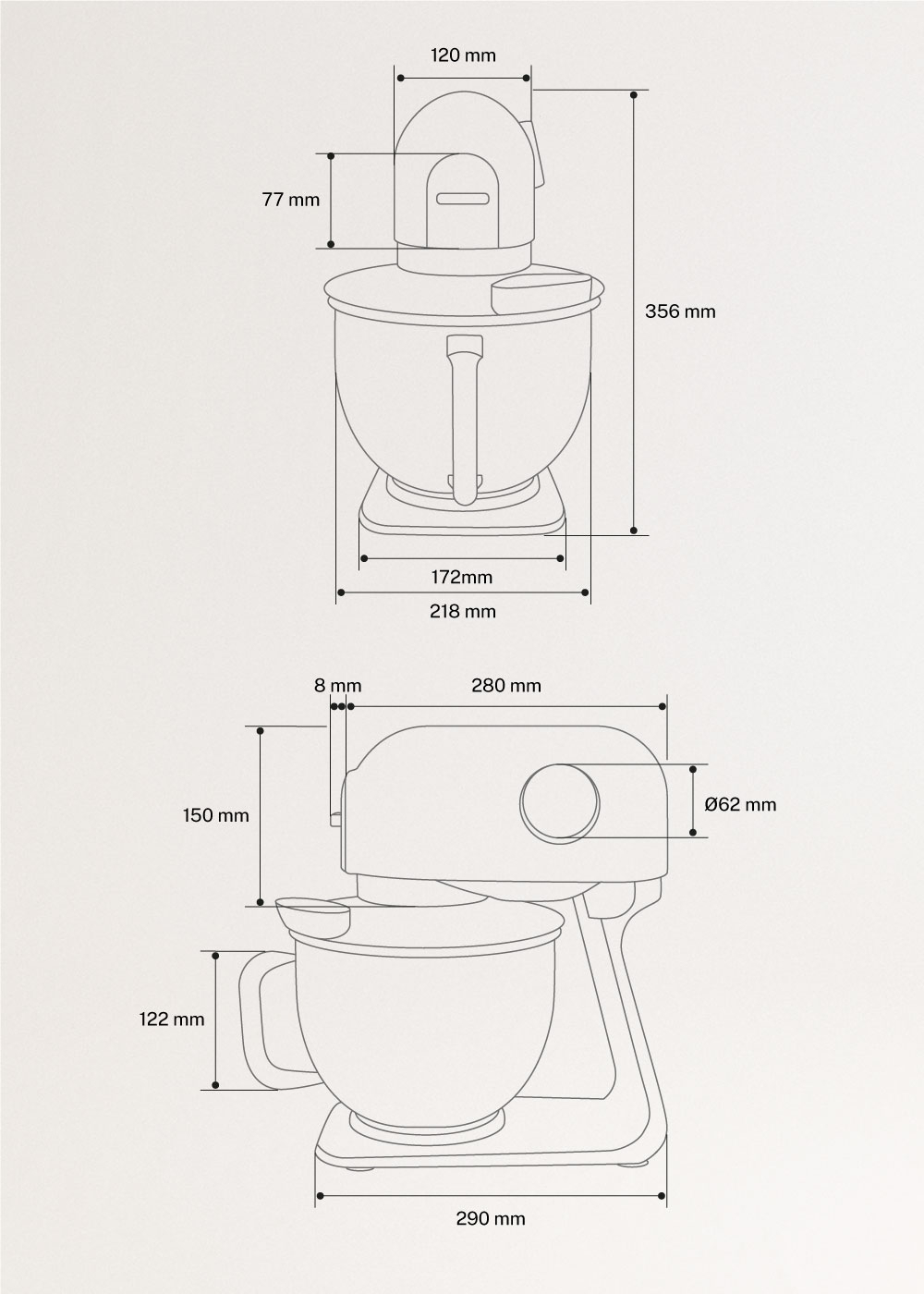 CREATE - DOWNMIX RETRO - Amasadora de rotación planetaria, medidas