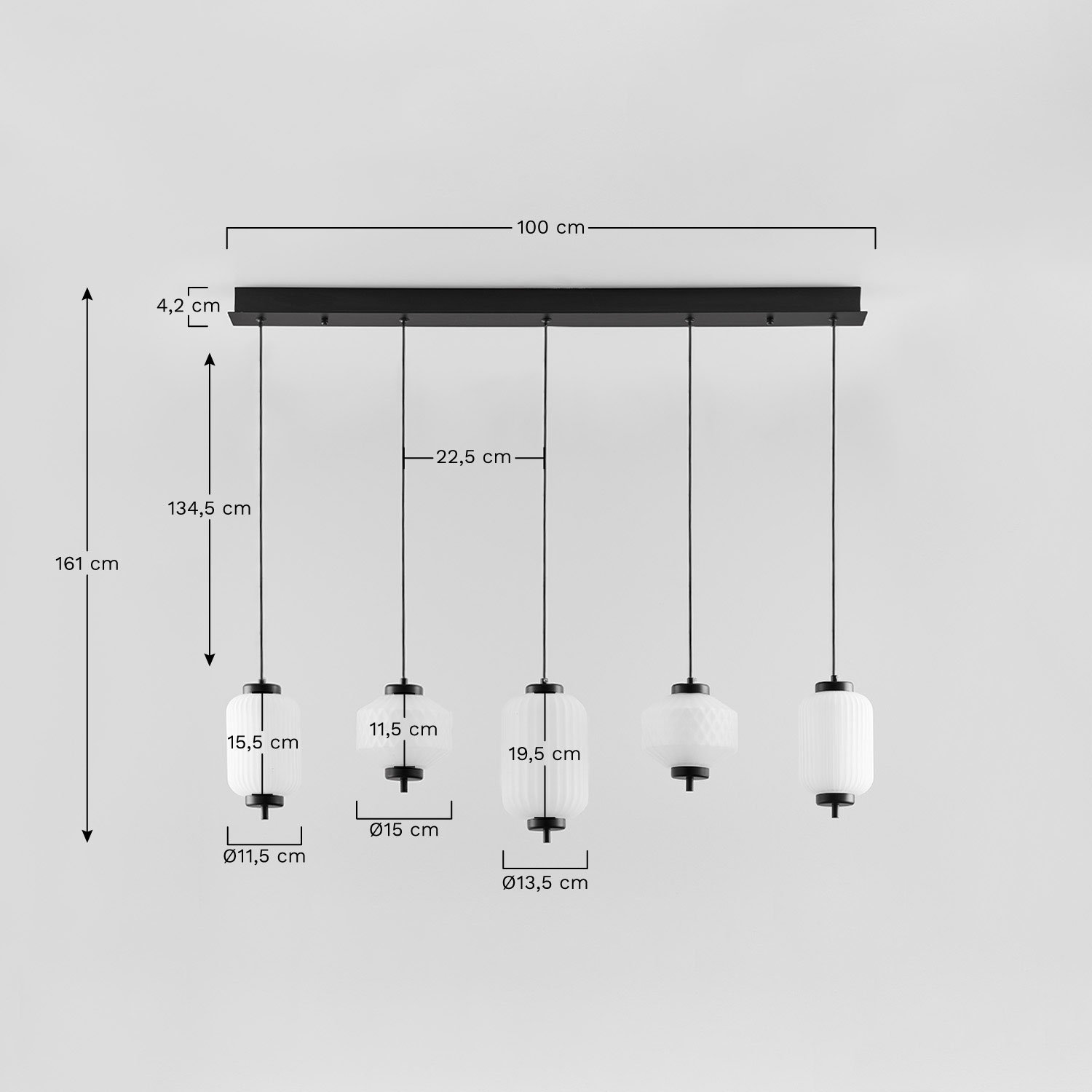 Lámpara de techo LED en hierro y cristal con 5 puntos de luz Necsar, medidas