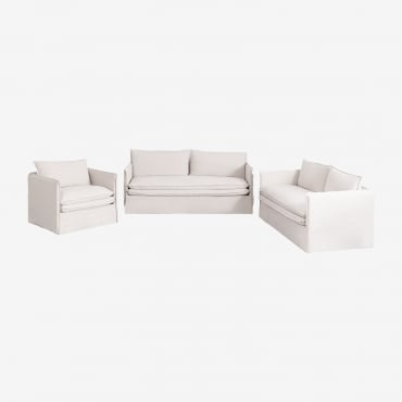 Conjunto De Salón Con Sofá De 2 Plazas, Sofá De 3 Plazas Y Sillón En Lino Y Algodón Grace Tela Blanco Roto - Sklum