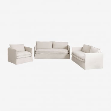Conjunto De Salón Con Sofá De 2 Plazas, Sofá De 3 Plazas Y Sillón En Lino Y Algodón Grace Tela Beige - Sklum