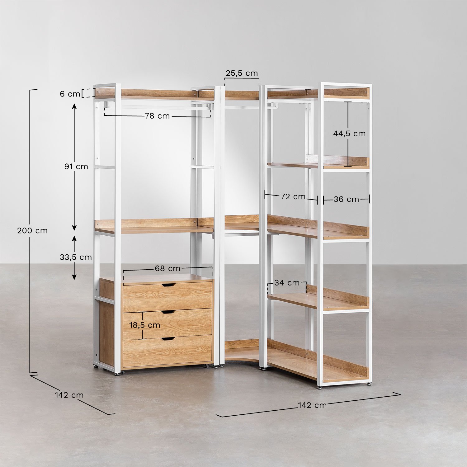 Armario modular abierto esquinero de 3 piezas con cajones en acero y MDF Ariaster  , medidas