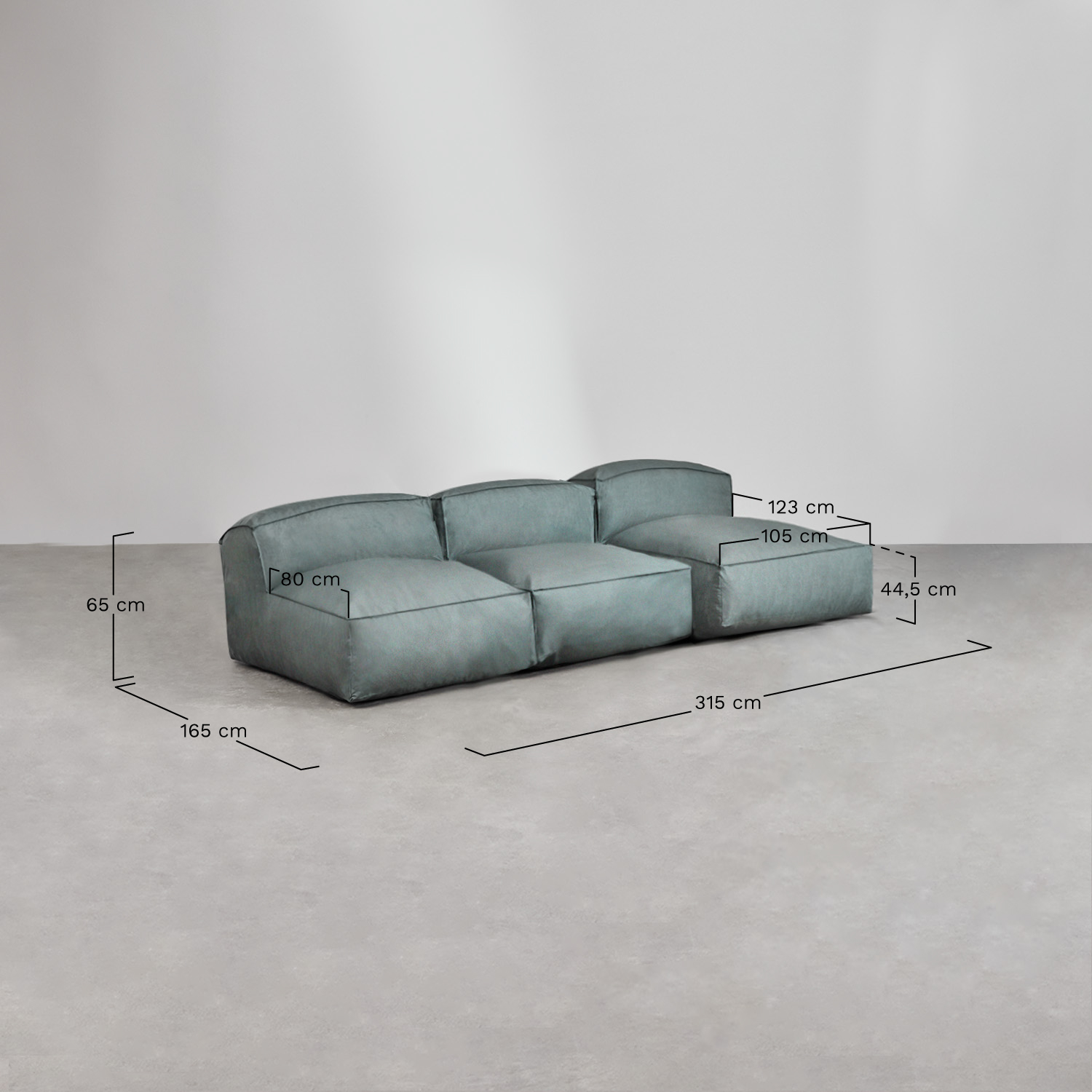 Sofá modular chaise longue de 3 piezas y puff Dojans  , medidas