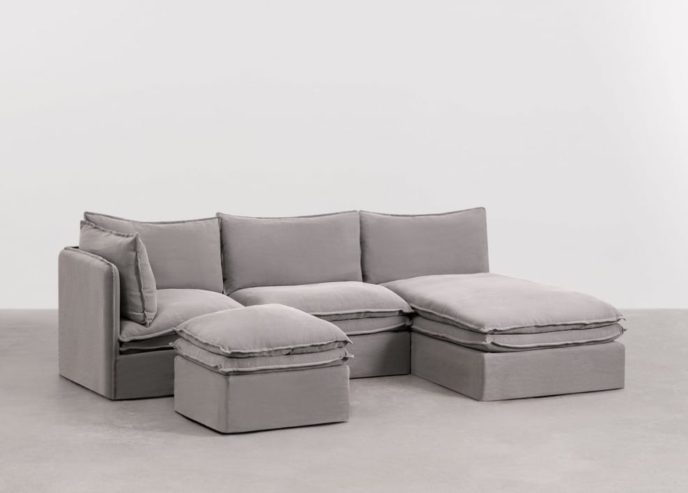 Sofá modular chaise longue de 3 piezas y puff en lino y algodón Grace