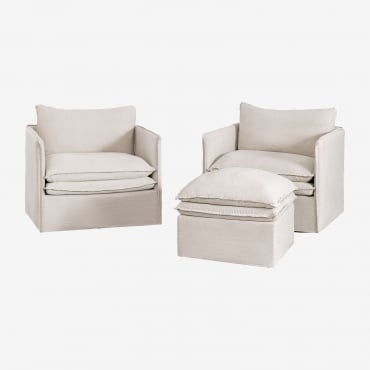 Conjunto De Salón Con 2 Sillones Y Puff En Lino Y Algodón Grace Tela Beige - Sklum