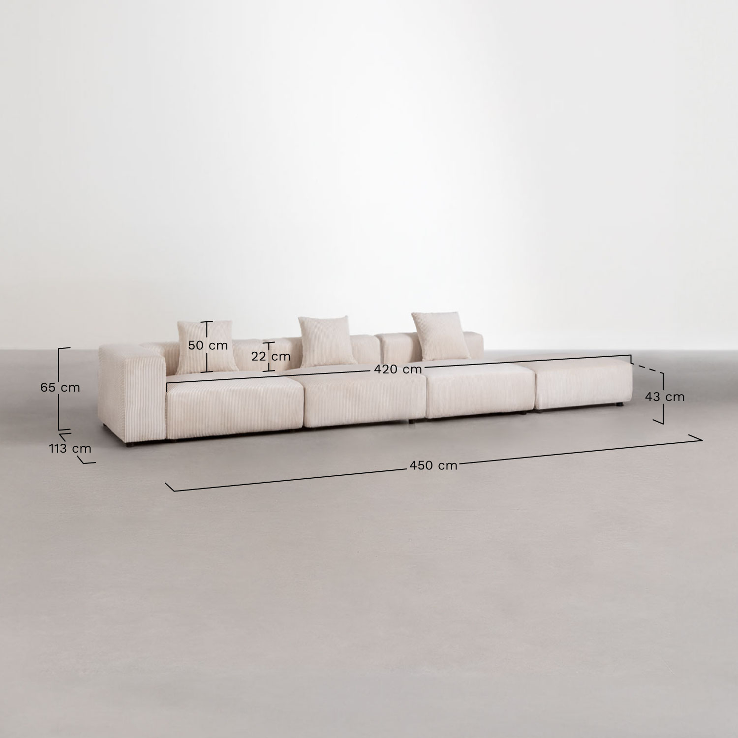 Sofá modular esquinero izquierdo de 3 piezas con reposabrazos alto y puff ↔︎450 cm Bruna , medidas