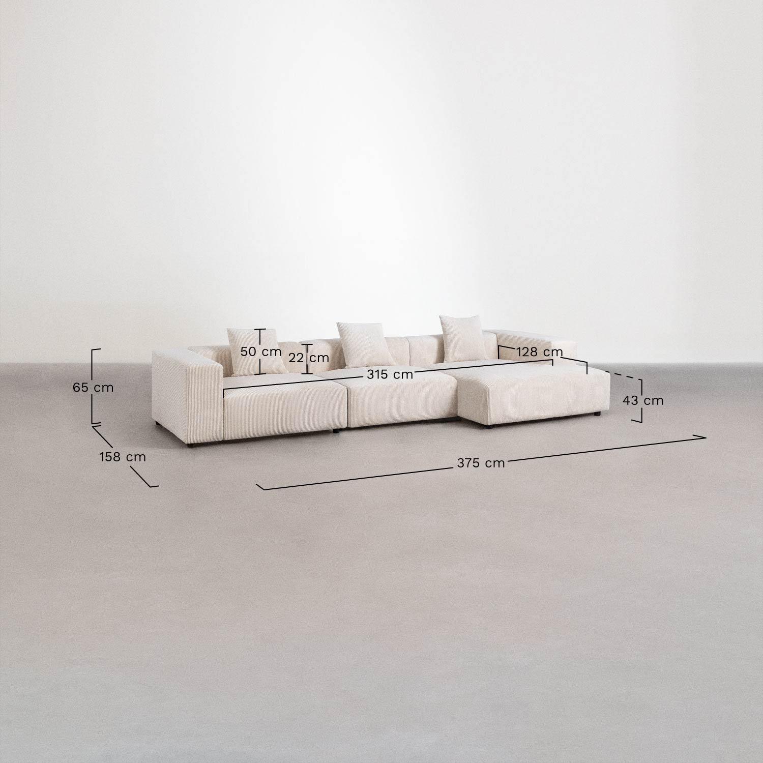 Sofá modular chaise longue derecho de 3 piezas ↔︎375 cm con reposabrazos alto Bruna , medidas