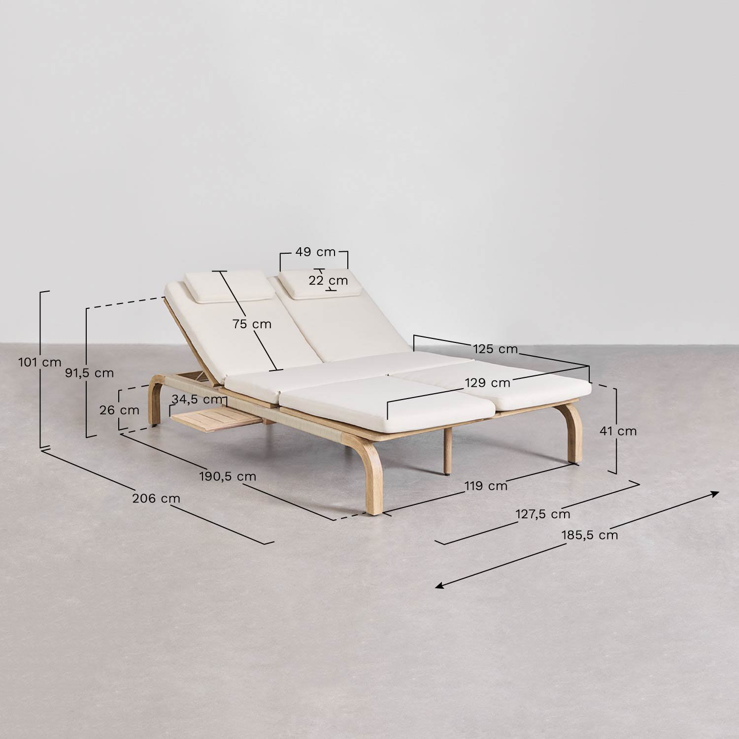 Tumbona doble reclinable en madera de acacia con cojín Dubai, medidas