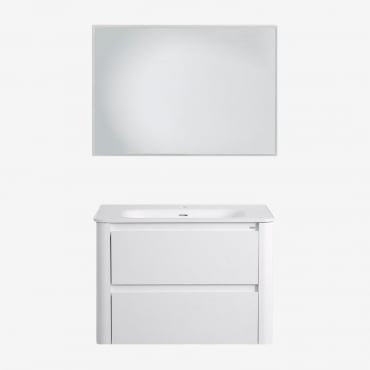 Conjunto De Mueble De Baño Suspendido En Madera Con Lavabo Integrado Egerton Blanco & Rectangular Led Y Antivaho 100x70 Cm Riben & Sin Grifo - Sklum