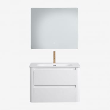 Conjunto De Mueble De Baño Suspendido En Madera Con Lavabo Integrado Egerton Blanco & Rectangular Led Y Antivaho 80x70 Cm Riben - Sklum