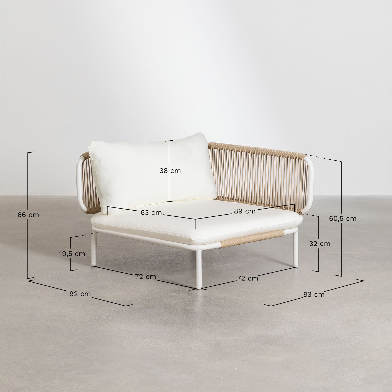 Módulo esquinero para sofá modular de jardín Roubly, medidas