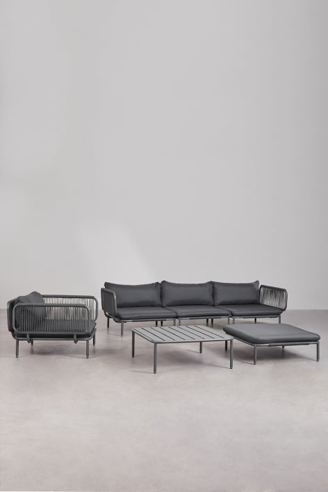 Sofá modular de jardín de 3 piezas con 2 sillones esquineros, puff, sillón y mesa de centro Roubly