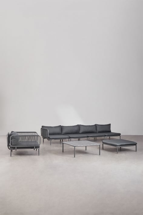 Sofá modular de jardín esquinero de 4 piezas con puff, sillón y mesa de centro Roubly