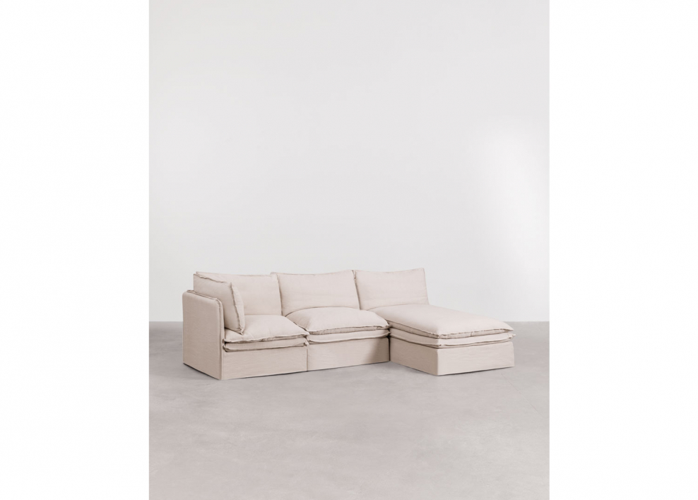 Sofá modular chaise longue de 3 piezas en lino y algodón Grace - Tela Beige