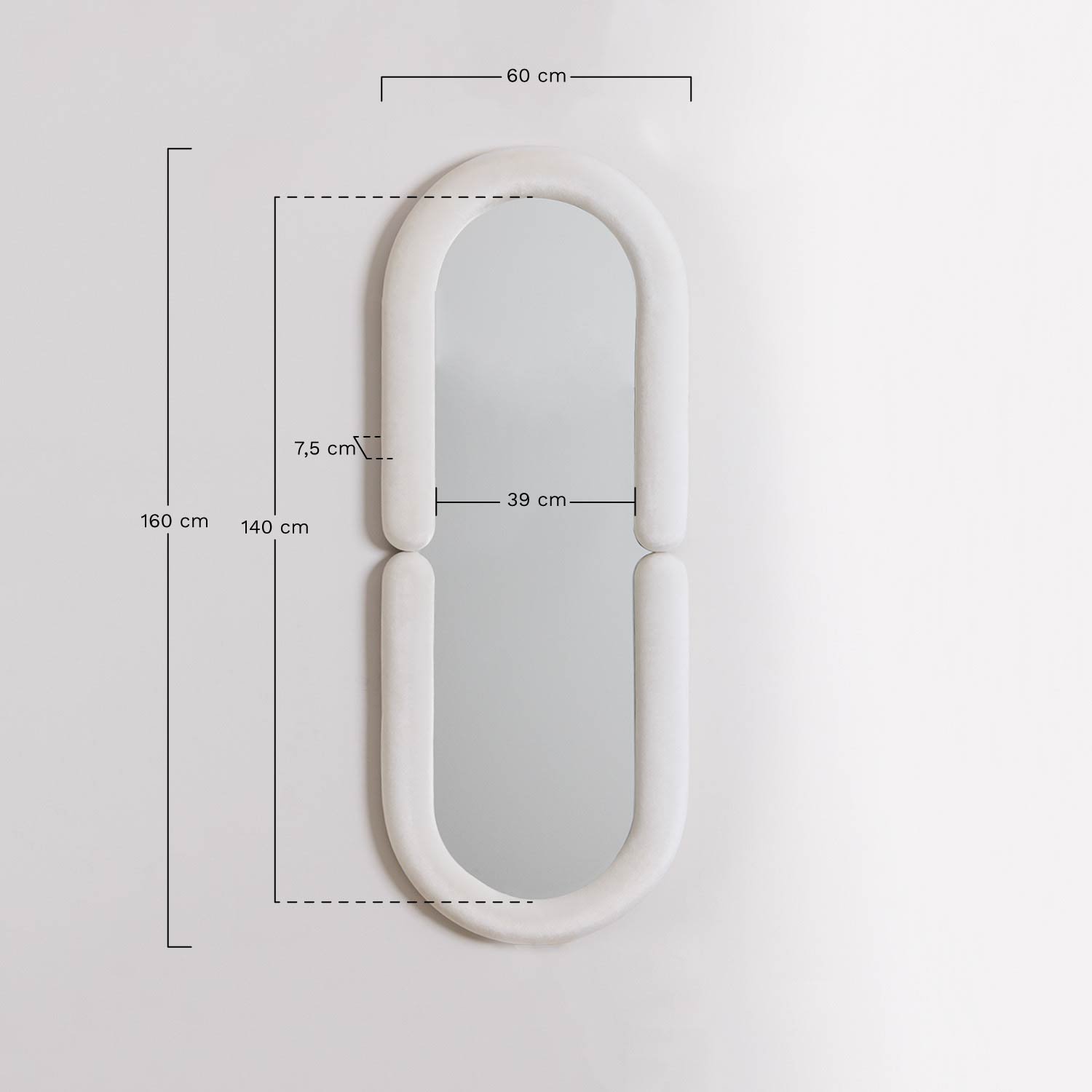 Espejo de pared ovalado en terciopelo 60x160 cm Santes, medidas