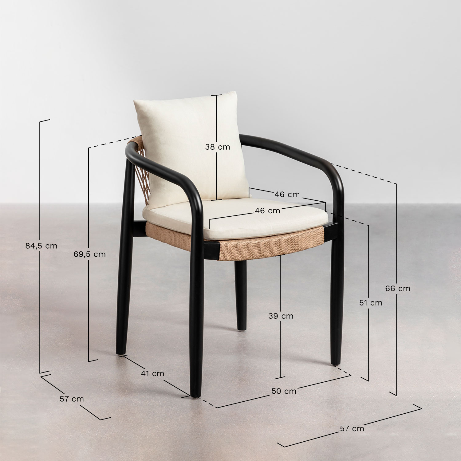 Pack de 4 sillas de comedor con reposabrazos en acacia y papel trenzado Giulia, medidas