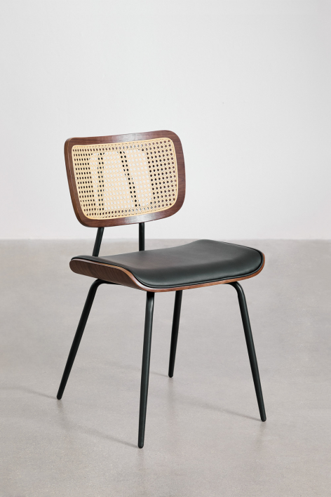 Pack de 2 Sillas de Comedor en Madera, Ratán y Polipiel Raysa - Polipiel Negro