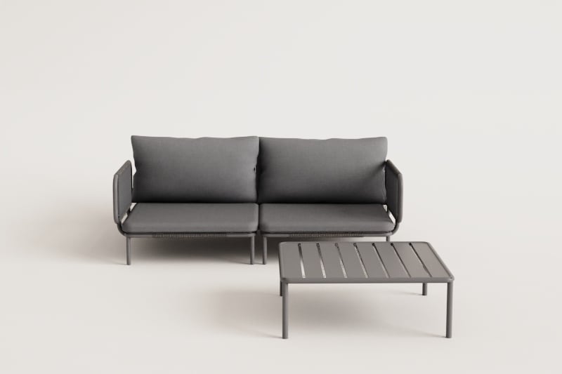 Conjunto de jardín con sofá modular de 2 piezas con 2 sillones esquineros y mesa de centro Roubly