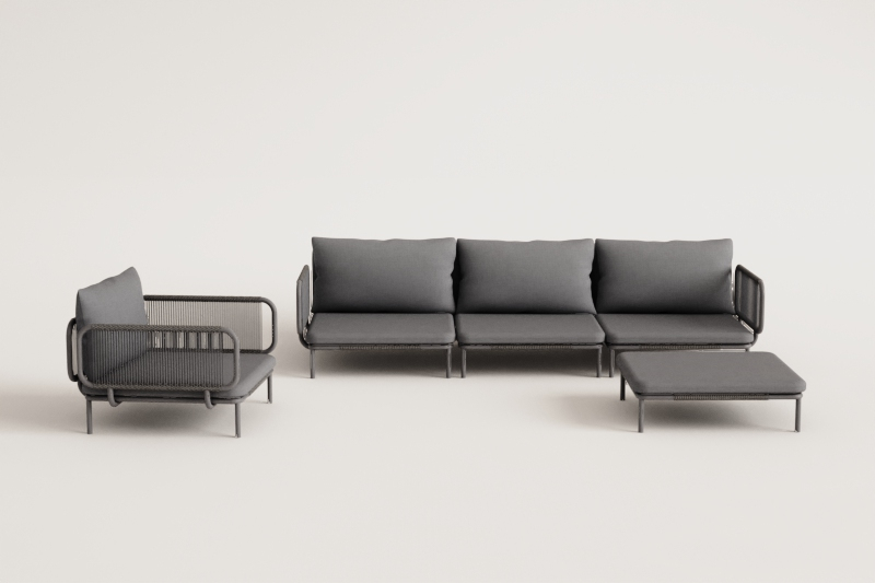 Sofá modular de jardín de 3 piezas con 2 sillones esquineros, puff y sillón Roubly