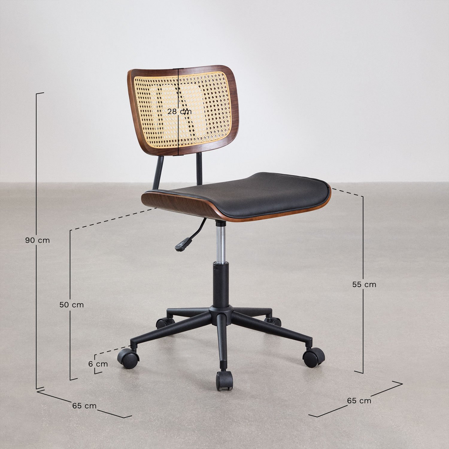 Silla de escritorio con ruedas en madera, ratán y polipiel Raysa, medidas
